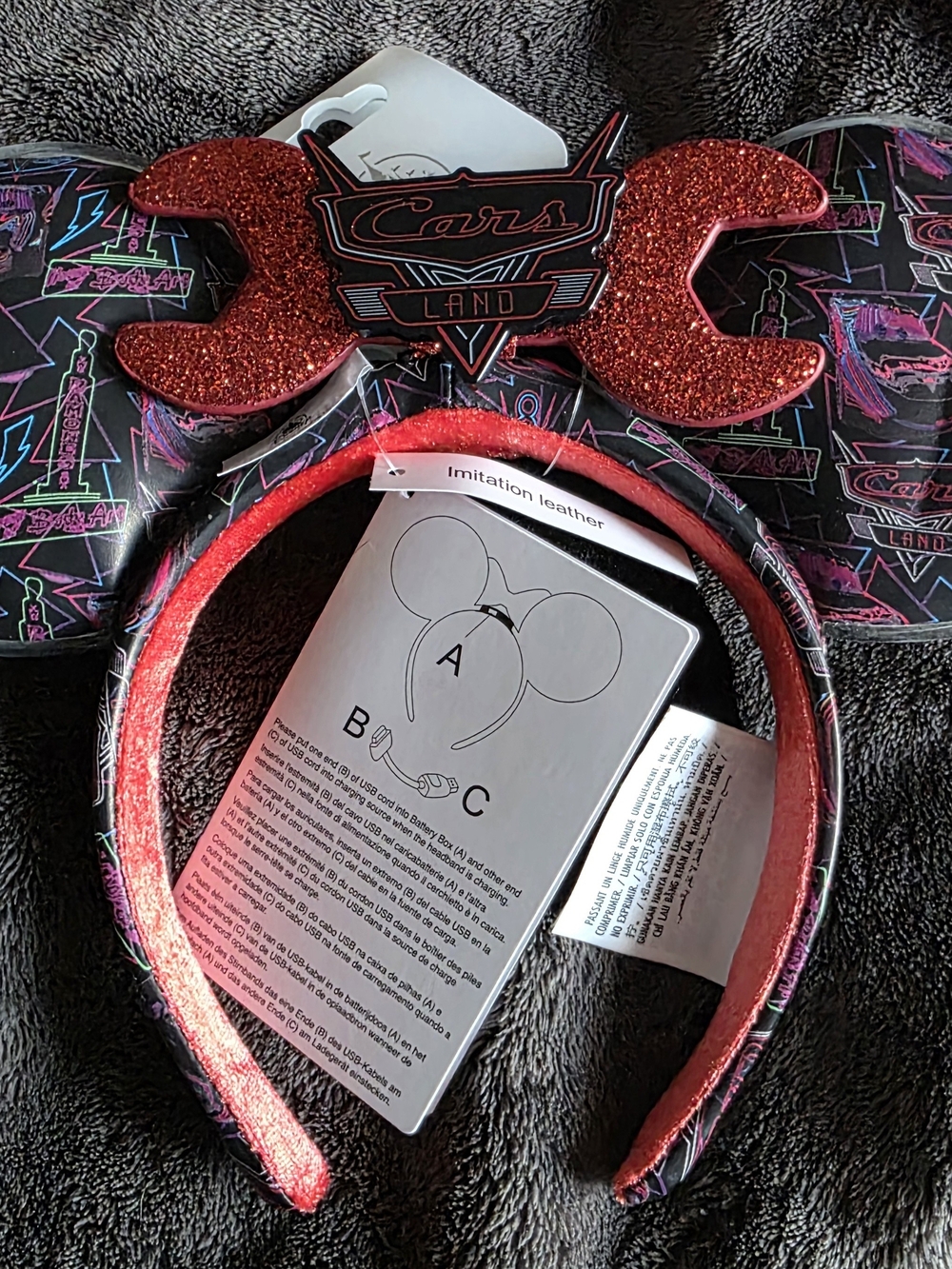 Disney Cars Land Red Glitter Bow Ear Headband with Neon Accent